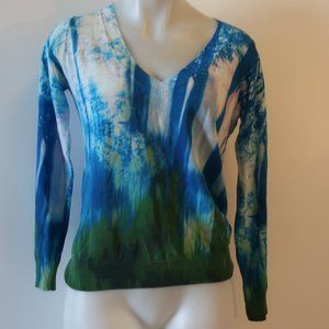 Womens Lebor Gabala Blue White Multicolor V-Neck Cotton Print Design Sweater S *